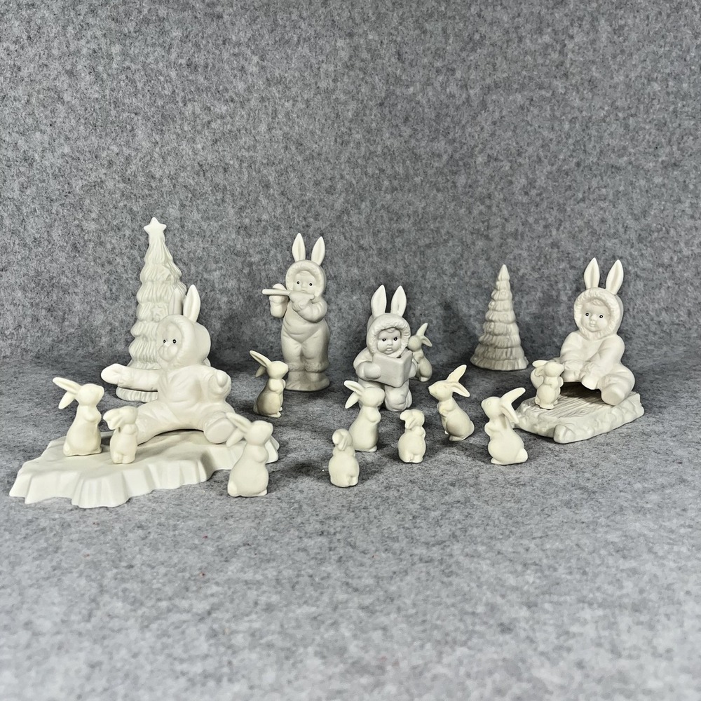 Costume Kids 18 Piece Porcelain Winter Bunny Figurine Village Set Trees Box READ